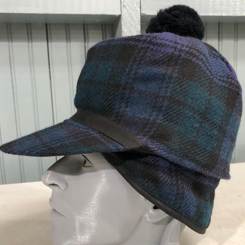 Green Blue Langenberg Scotch Plaid Pom Wool Winter Ski Hat 6 3/4 Ear Flaps USA